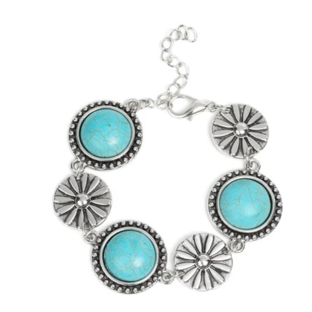 Turquoise-Style Concho Charm Bracelet | Silver-Tone Western Boho | Adjustable